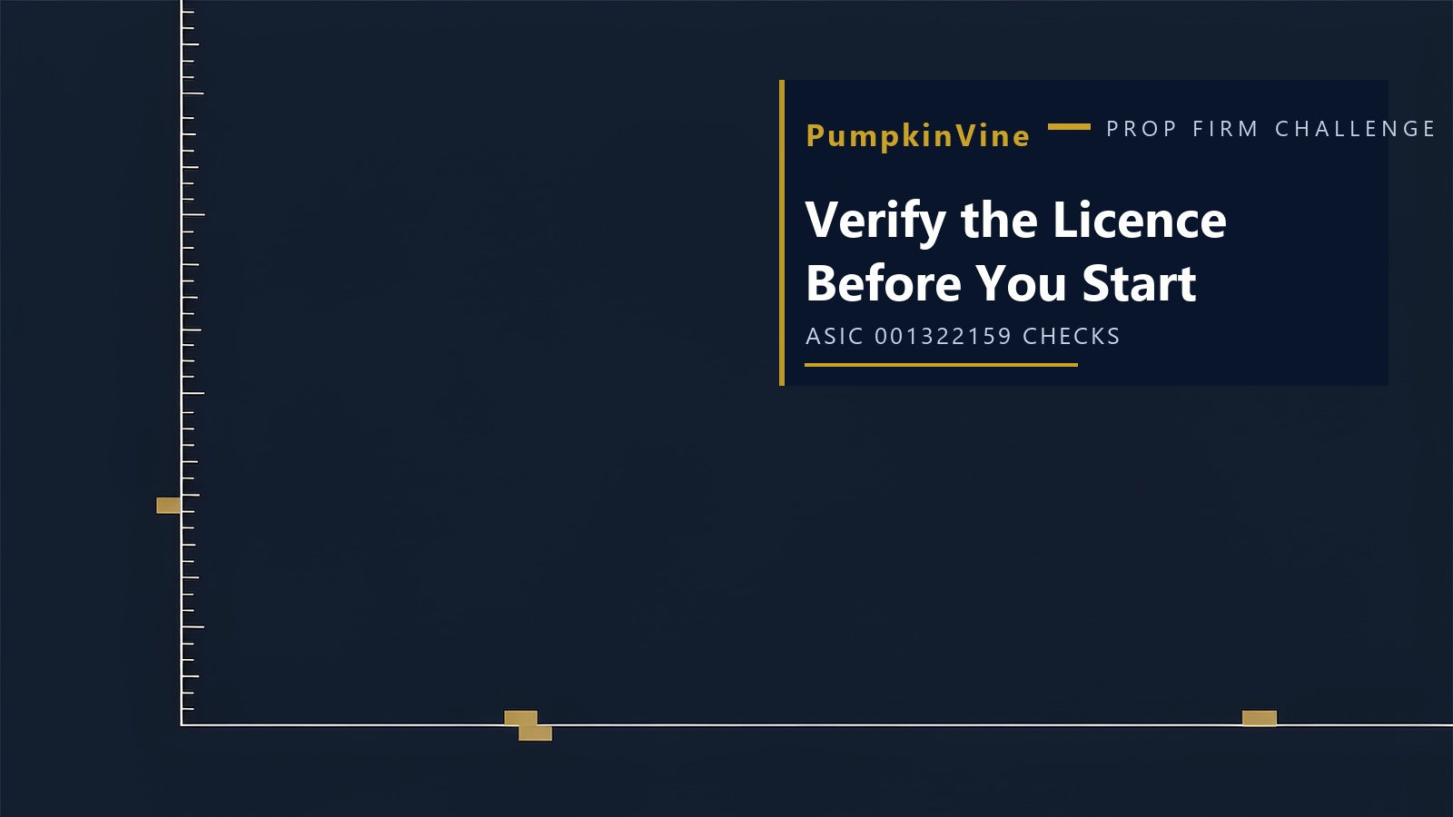 Abstract vertical measuring scale with gold markers representing licence verification steps for a PumpkinVine prop firm challenge